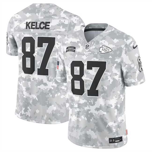 Men%27s Kansas City Chiefs #87 Travis Kelce 2024 Arctic Camo Salute To Service Limited Stitched Jersey Dyin